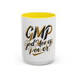 Accent Coffee Mug — "GMP God Money Power" Gold Script Mug (11/15oz)