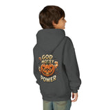 Halloween Pumpkin Hoodie — “God Money Power” Graphic Youth Sweatshirt