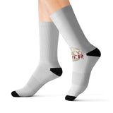 Money Power Graphic Sublimation Socks — Novelty Crew Socks with Retro Badge