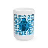 God Money Power Ceramic Mug — Blue Graphic Jesus Design (11oz, 15oz)