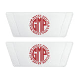 Slide Sandals — White Men's Removable-Strap Slides with Red Monogram Graphic