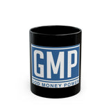 GMP "God Money Power" Black Coffee Mug — Blue Logo Inspirational Faith & Wealth Gift (11oz/15oz)