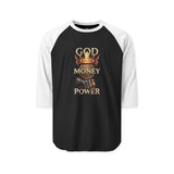 Raglan Shirt — "God Money Power" Crown Graphic Baseball Tee