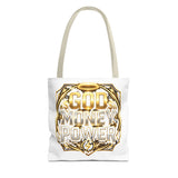 Tote Bag — "God Money Power" Gold Graphic Tote for Faith & Hustle