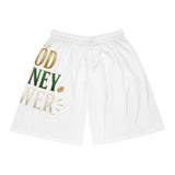 God Money Power Basketball Shorts — White Motivational AOP Athletic Shorts