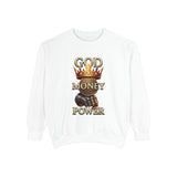 Sweatshirt — 'God Money Power' Crown & Fist Graphic Crewneck