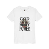 Youth Tee — 'God Money Power' Skull Graphic Shirt