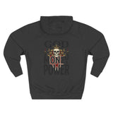 God Money Power-Hoodie — Skull Graphic Three-Panel Fleece Pullover