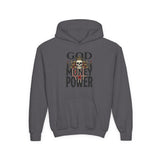 Youth Hoodie "God Money Power" Skull Graphic
