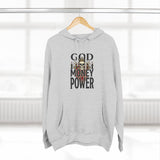 God Money Power-Hoodie — Skull Graphic Three-Panel Fleece Pullover