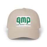 GMP 'God Money Power' Embroidered Classic Dad Cap — White Adjustable Baseball Hat