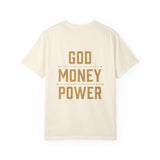 God Money Power T-Shirt — Crown, Coin & Fist Graphic Tee