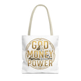 God Money Power Tote Bag — Bold Pyramid Graphic Religious Statement Tote