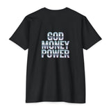 God Money Power Graphic T-Shirt — Blue Anime-Inspired Streetwear