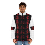 Men's Puffer Jacket — Red & Black Hooded Skeleton Pattern Winter Coat