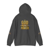 God • Money • Power Hoodie — White Pullover with Gold GMP Logo