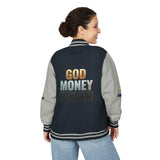 Letterman Jacket - "GOD MONEY POWER" Graphic Varsity Jacket with Chest Logo