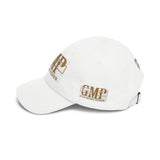GMP 'Good Money Power' White Dad Cap — Distressed Gold Logo Baseball Hat