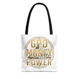 God Money Power Tote Bag — Bold Pyramid Graphic Religious Statement Tote