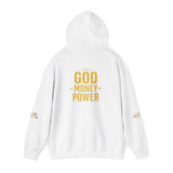God • Money • Power Hoodie — White Pullover with Gold GMP Logo