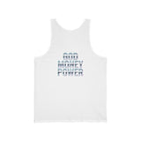 God Money Power Tank Top — Blue Graphic Faith & Hustle Sleeveless Shirt