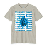 God Money Power Graphic T-Shirt — Blue Anime-Inspired Streetwear