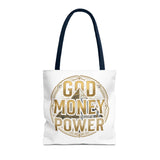God Money Power Tote Bag — Bold Pyramid Graphic Religious Statement Tote