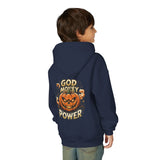 Halloween Pumpkin Hoodie — “God Money Power” Graphic Youth Sweatshirt