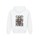 Youth Hoodie "God Money Power" Skull Graphic