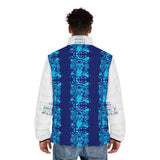 Men's Puffer Jacket – Blue Graphic AOP 'Good Money, Good Power' Streetwear
