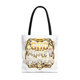 Tote Bag — "God Money Power" Gold Graphic Tote for Faith & Hustle