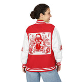 Letterman Jacket — Red Angel Graphic "God Money Power" Varsity Jacket