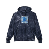 Tie-Dye Embroidered Hoodie — Navy Champion-Style Pullover with Blue Graphic
