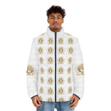 Men's Puffer Jacket — Gold Lion Crest All-Over Print