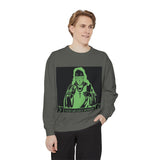 Graphic Sweatshirt — Neon Green ‘God Money Power’ Gothic Nun Design
