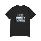 God Money Power T-Shirt — Retro Neon Graphic Tee (Front Illustration, Back Text)