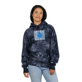 Tie-Dye Embroidered Hoodie — Navy Champion-Style Pullover with Blue Graphic