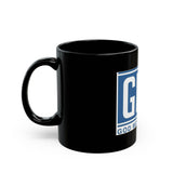 GMP "God Money Power" Black Coffee Mug — Blue Logo Inspirational Faith & Wealth Gift (11oz/15oz)