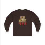 Long Sleeve Tee — 'God, Money, Power' Retro Palm Graphic