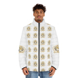 Men's Puffer Jacket — Gold Lion Crest All-Over Print