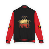 Letterman Jacket — "God Money Power" Red & White Varsity Jacket
