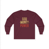 Long Sleeve Tee — 'God, Money, Power' Retro Palm Graphic