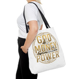 God Money Power Tote Bag — Bold Pyramid Graphic Religious Statement Tote