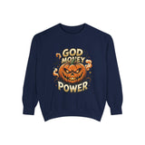 God Money Power- Pumpkin Sweatshirt — Halloween Jack-O'-Lantern Graphic Crewneck