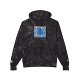 Tie-Dye Embroidered Hoodie — Navy Champion-Style Pullover with Blue Graphic