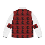 Red Graphic Puffer Jacket — Repeated Hooded Figure Print