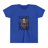 Youth Tee — 'God Money Power' Skull Graphic Shirt