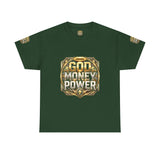 Graphic Tee — "God Money Power" Gold Crest T-Shirt