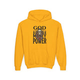 Youth Hoodie "God Money Power" Skull Graphic