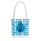 God Money Power Graphic Tote Bag — Blue Urban Goddess All-Over Print Tote